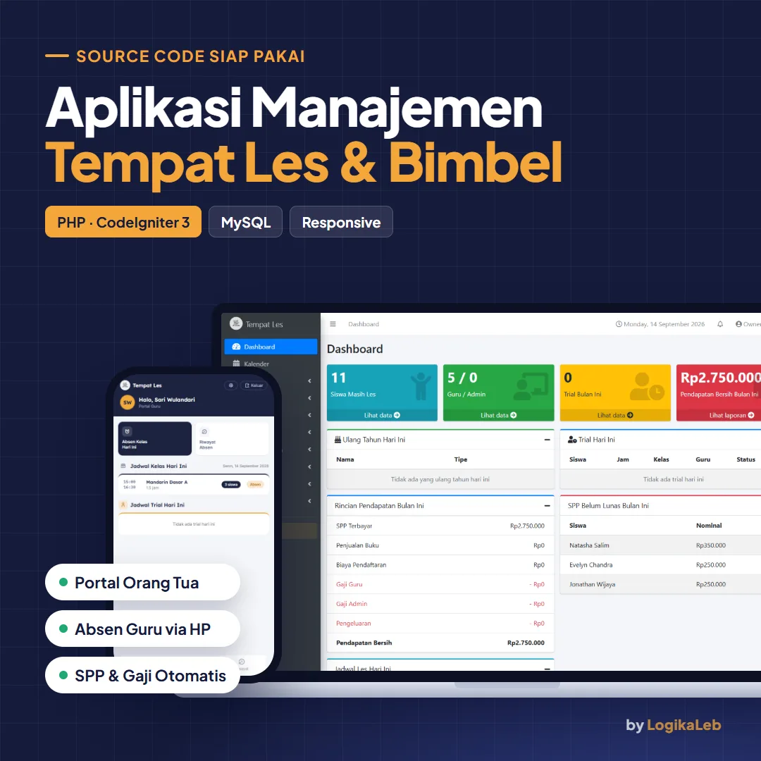 Aplikasi Manajemen Tempat Les / Bimbel - PHP CodeIgniter 3 + MySQL