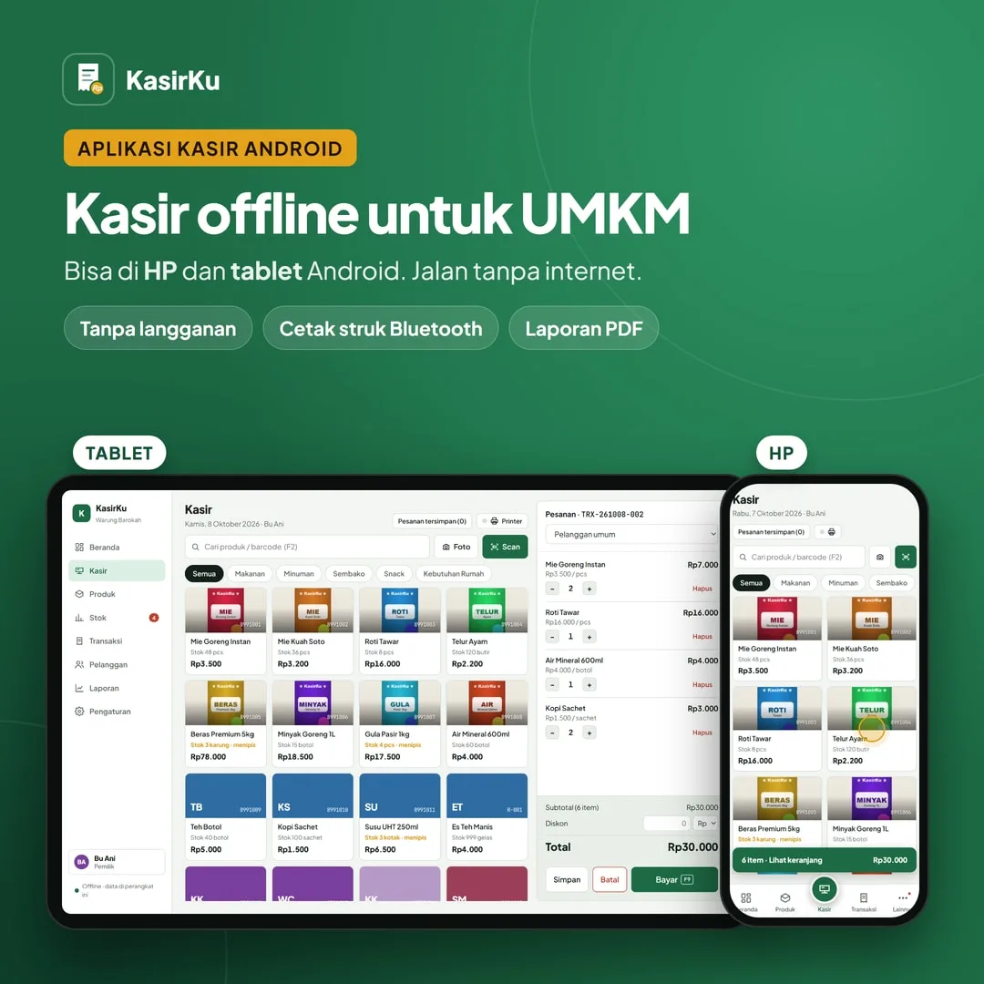 Aplikasi Kasir POS Offline Android UMKM Warung Toko - Scan Barcode, Cetak Struk Bluetooth, Stok, Laporan PDF
