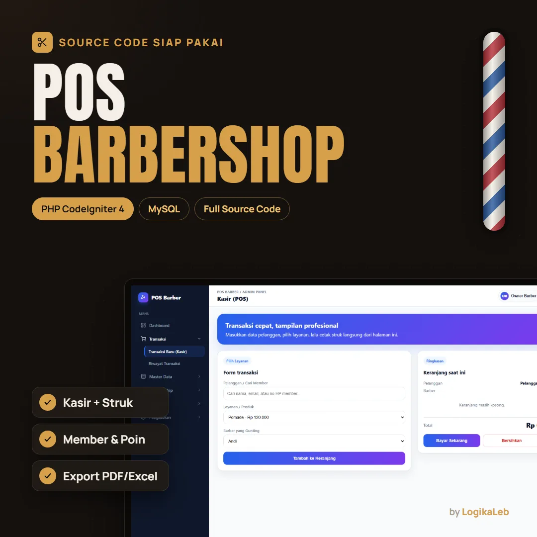 Source Code Aplikasi Kasir POS Barbershop - PHP CodeIgniter 4 + Database MySQL